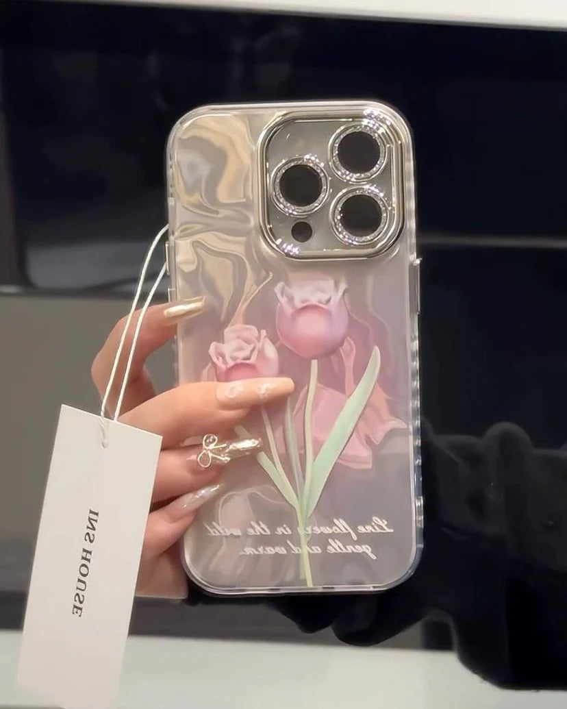 Gradient Rose Floral IPhone Case With Crystal Lens Protector