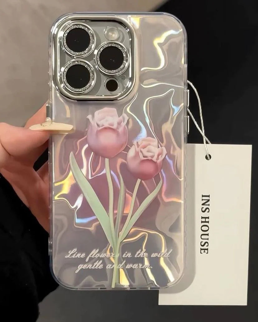 Gradient Rose Floral IPhone Case With Crystal Lens Protector